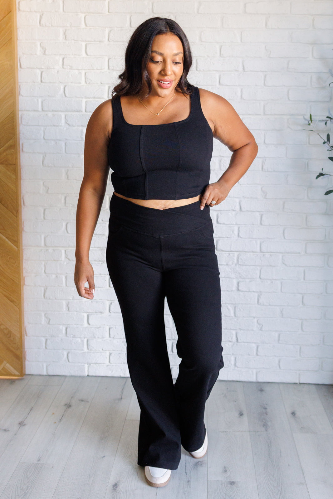 It's All About the Balance Twill Square Neck Crop Top in Black