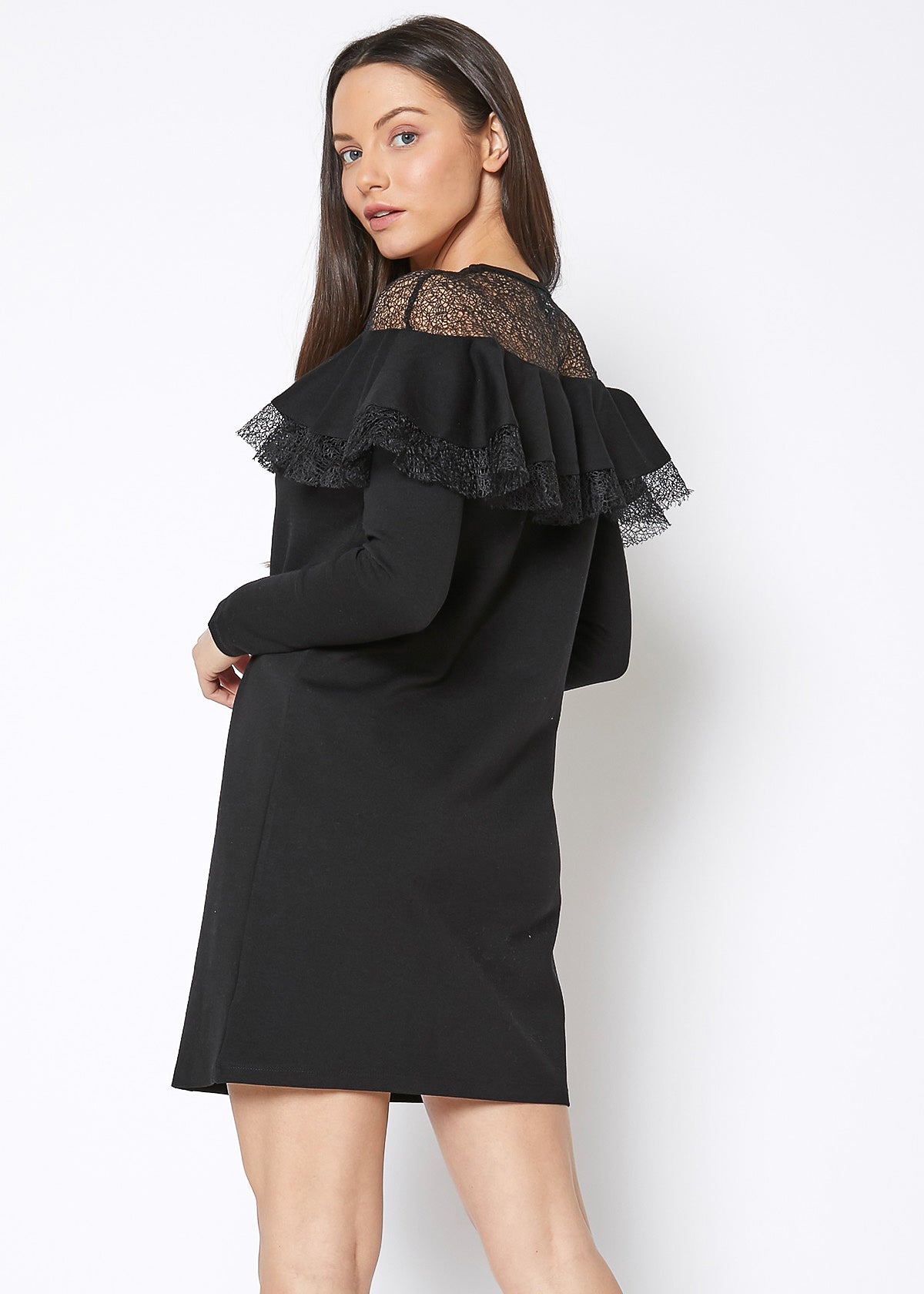 Lace Trim Sweatshirt Dress In Black