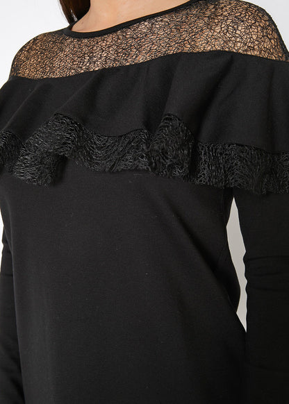 Lace Trim Sweatshirt Dress In Black