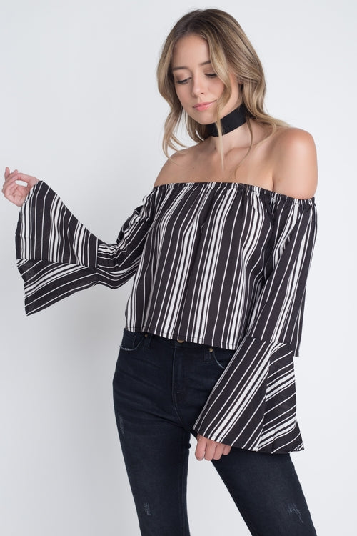 Off Shoulder Casual Stripe Bell Sleeve Top