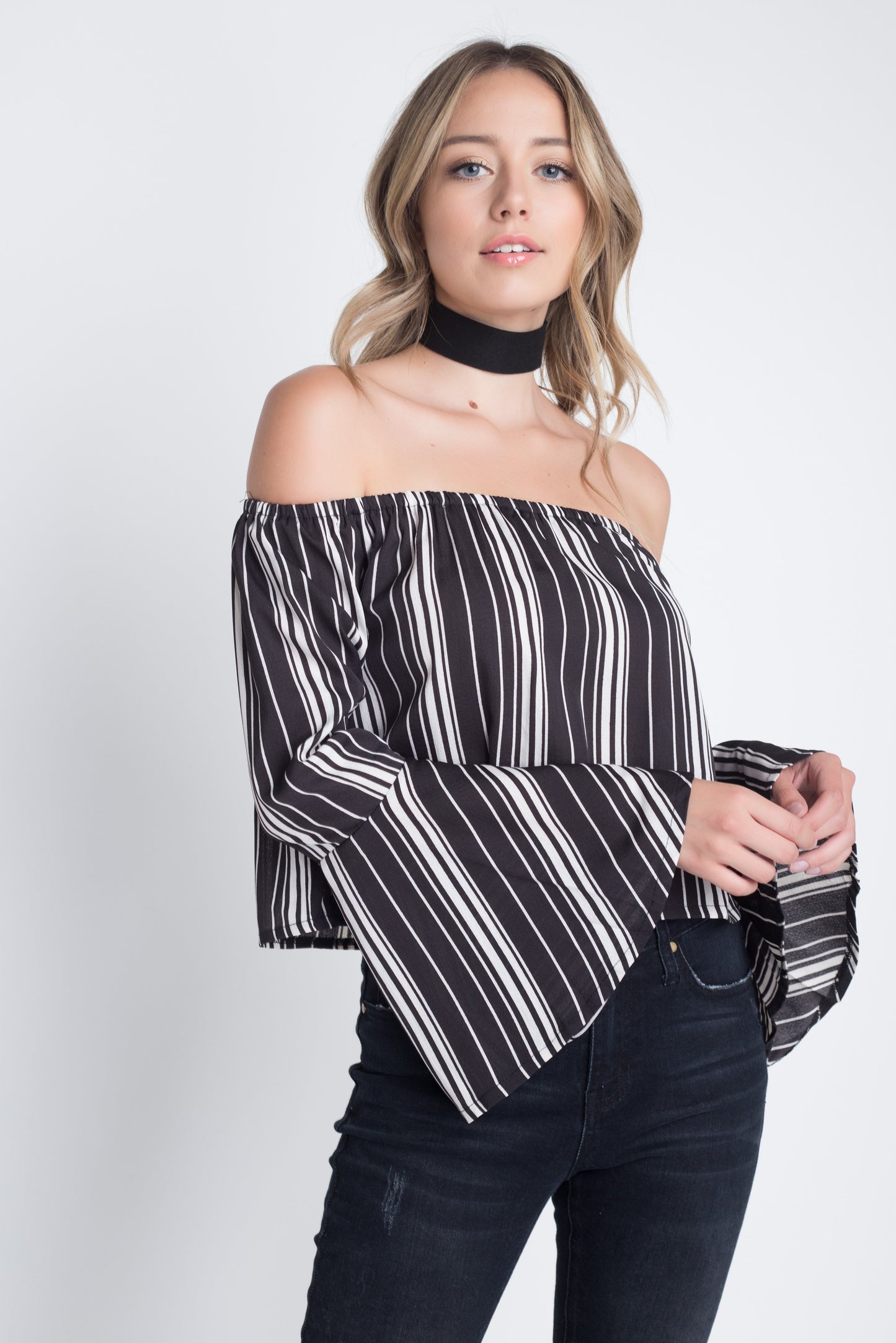 Off Shoulder Casual Stripe Bell Sleeve Top