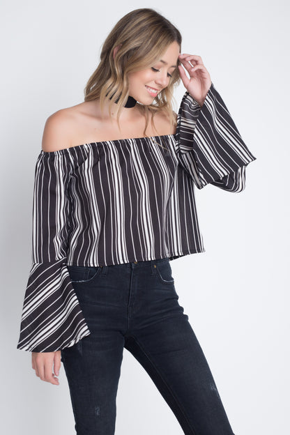 Off Shoulder Casual Stripe Bell Sleeve Top