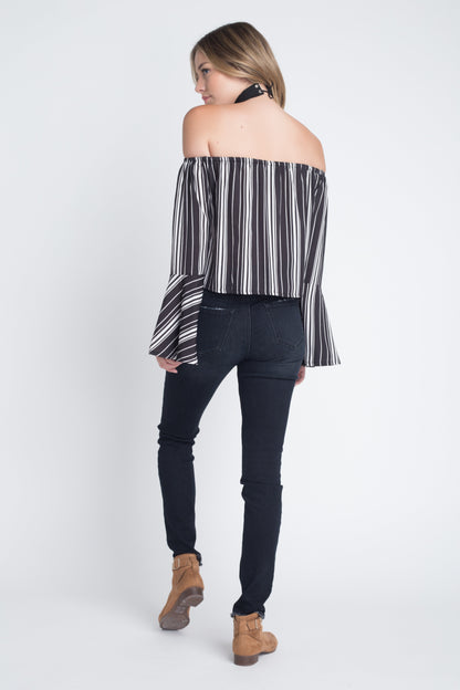 Off Shoulder Casual Stripe Bell Sleeve Top