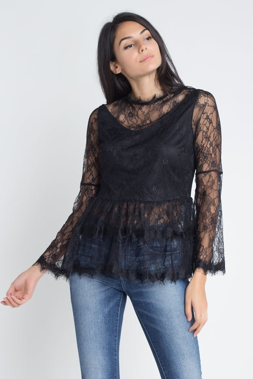 Semi Lace Zipper Back Flare Sleeve Blouse