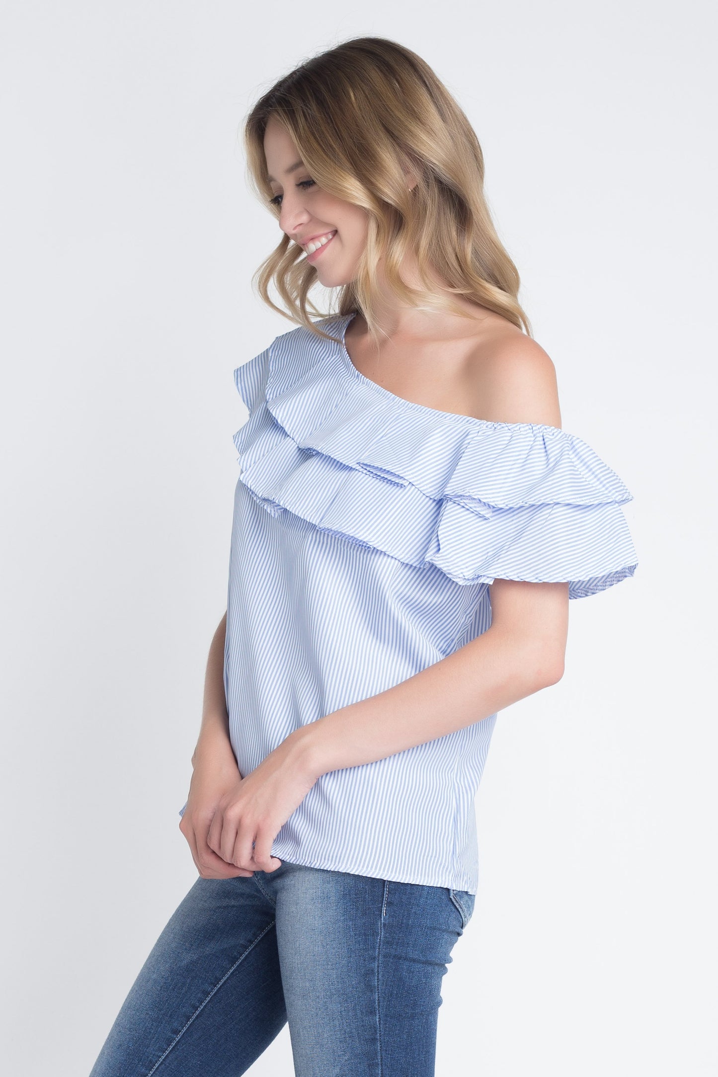 Striped Off Shoulder Ruffle Stripe Blouse