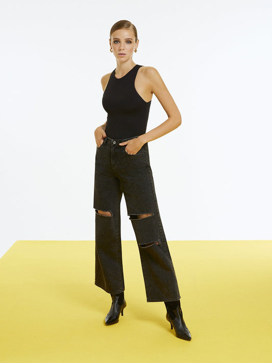 Wide Leg Jeans with Rip Detailing