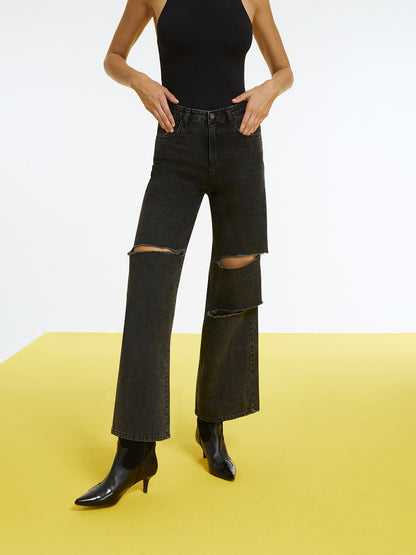 Wide Leg Jeans with Rip Detailing