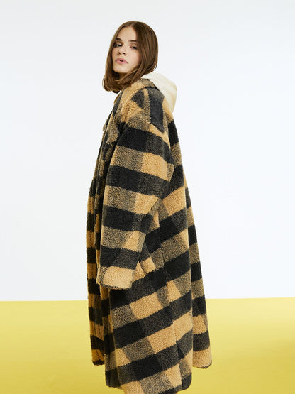 Double Breasted Plaid Faux Fur Coat