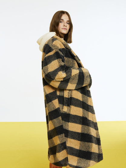 Double Breasted Plaid Faux Fur Coat