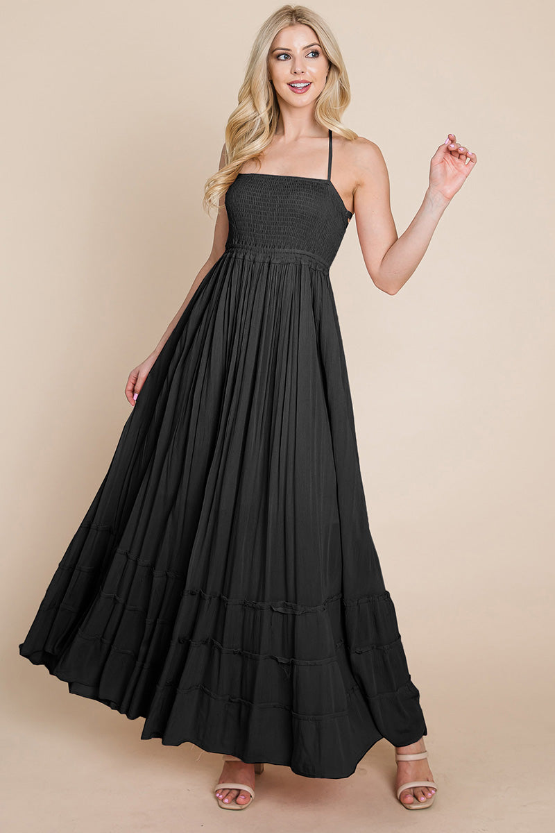 Smocked Flowy Boho Pleated Backless Maxi Dress