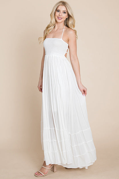 Smocked Flowy Boho Pleated Backless Maxi Dress