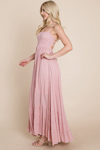 Smocked Flowy Boho Pleated Backless Maxi Dress