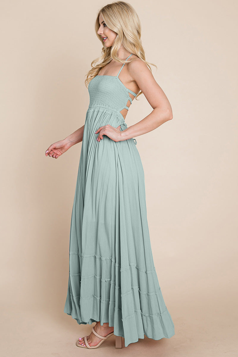 Smocked Flowy Boho Pleated Backless Maxi Dress