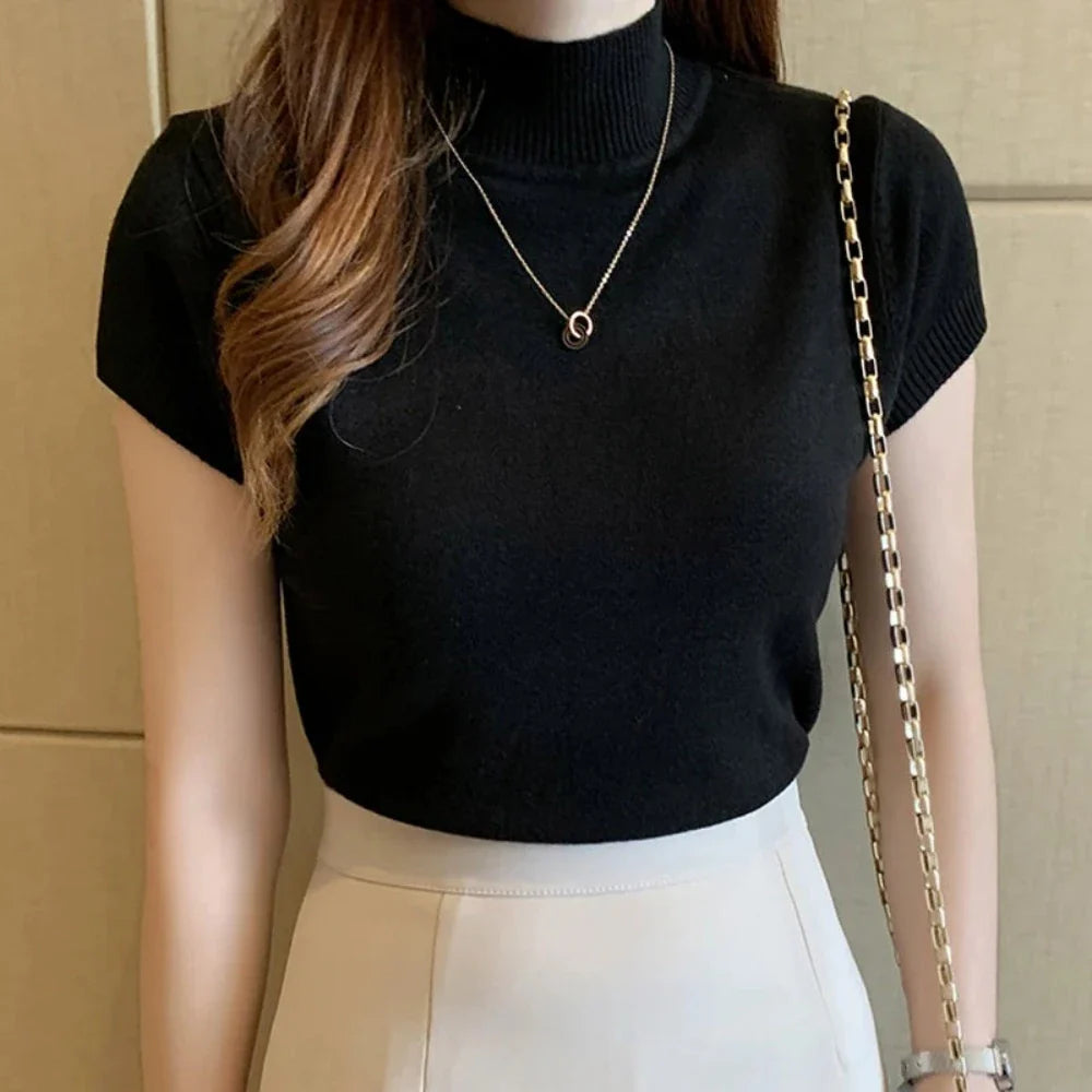 Slim Fit Turtle Neck Short Sleeve Knitted Top