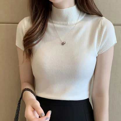 Slim Fit Turtle Neck Short Sleeve Knitted Top