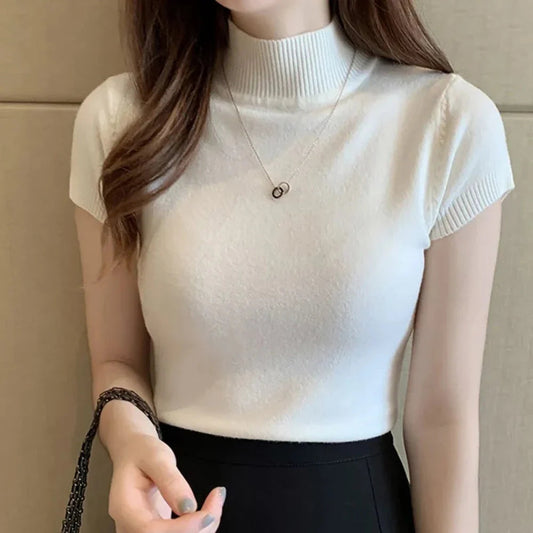 Slim Fit Turtle Neck Short Sleeve Knitted Top