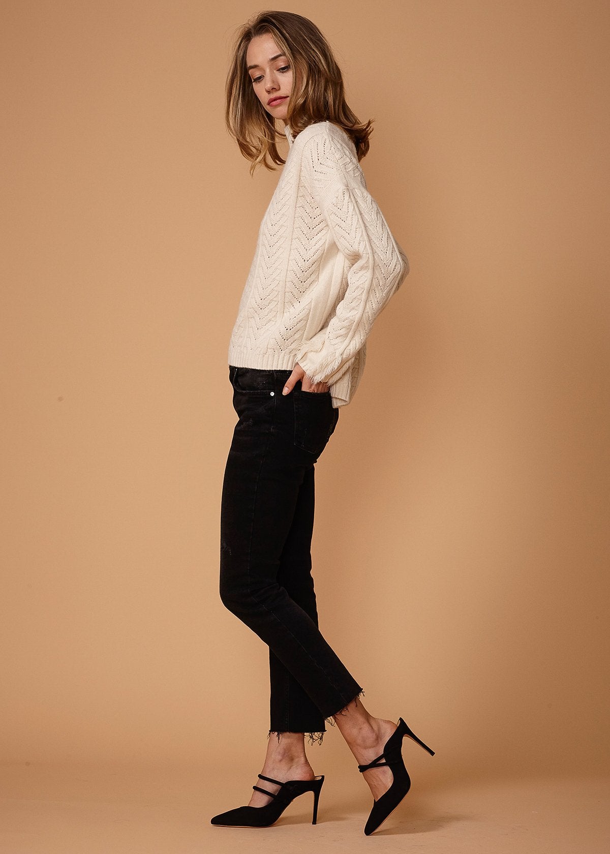 Turtle Neck Fringe Sweater in Natural