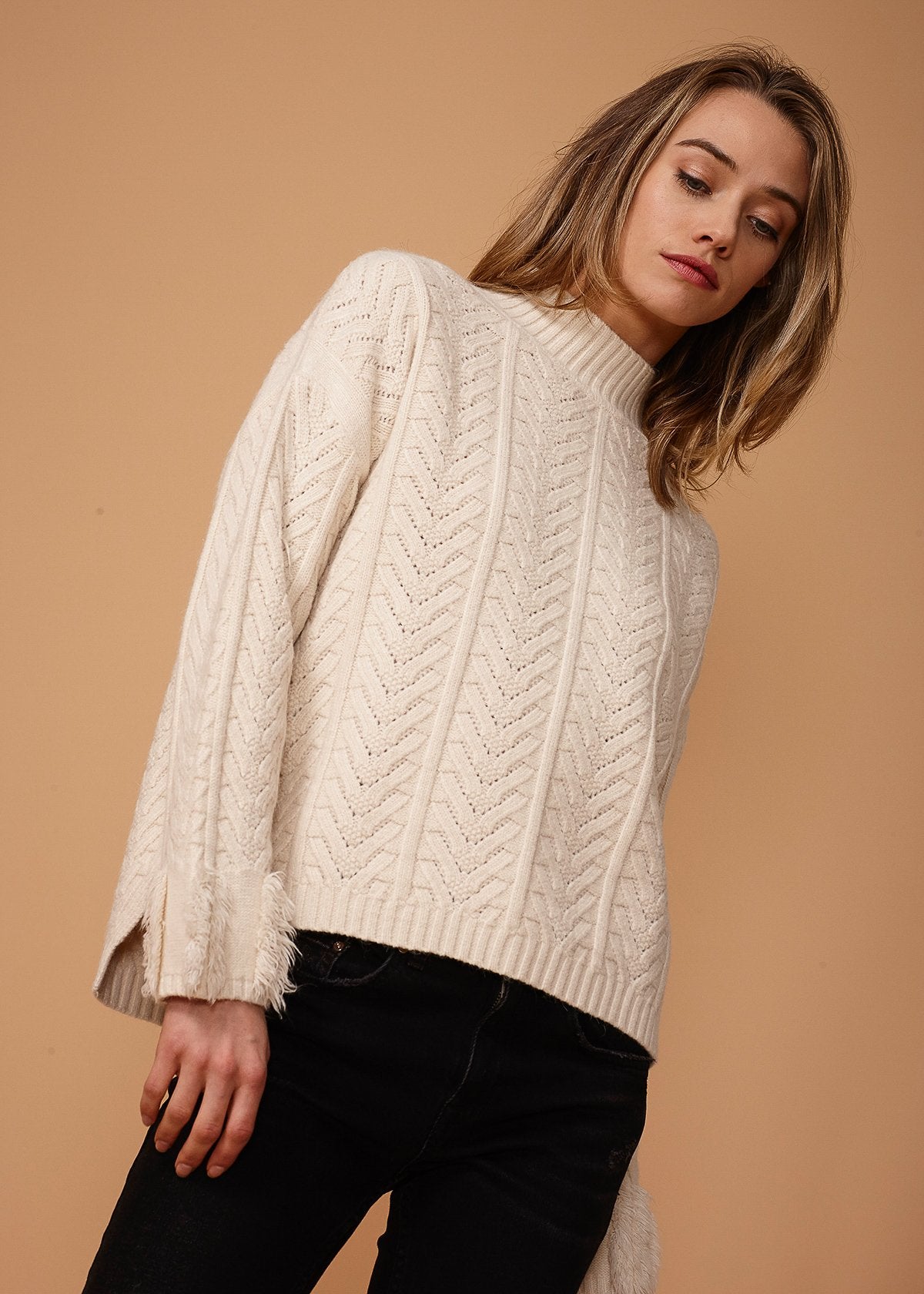 Turtle Neck Fringe Sweater in Natural