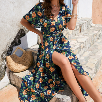 Wrap Style Summer Floral Dress With Ruffles