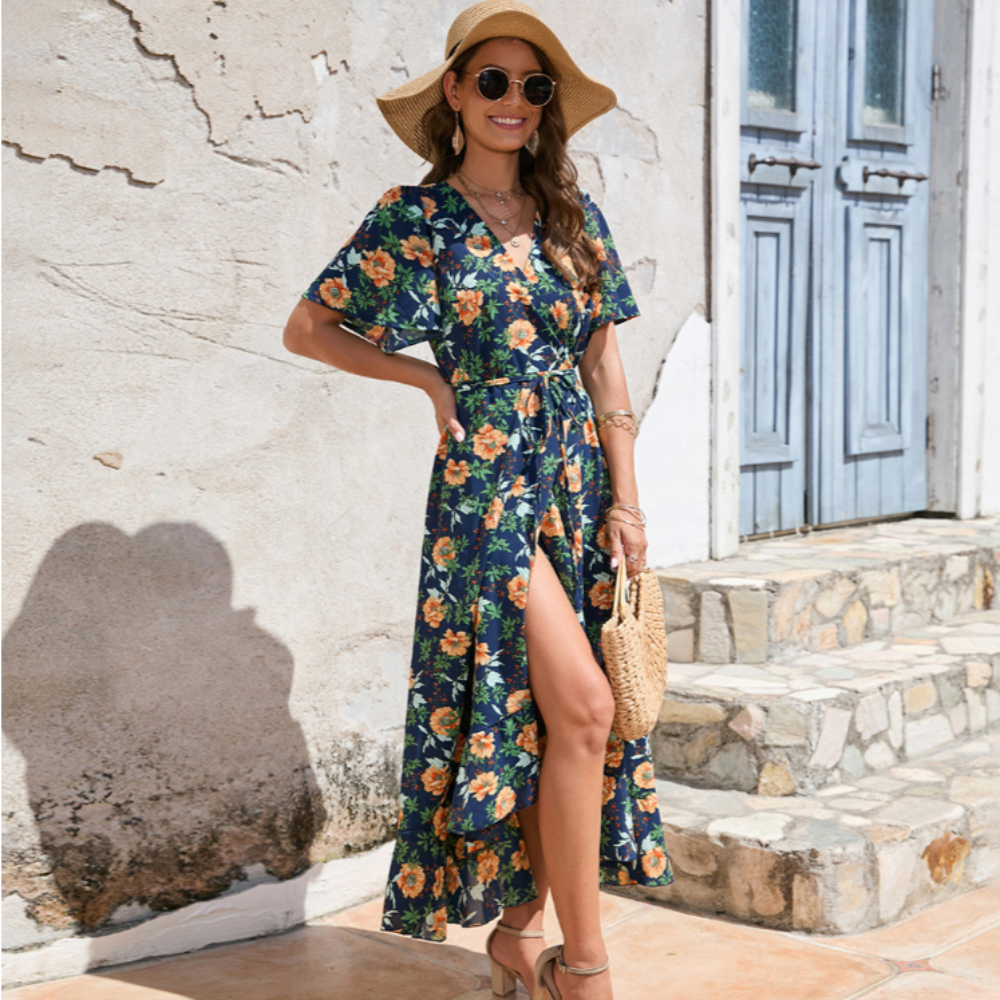 Wrap Style Summer Floral Dress With Ruffles