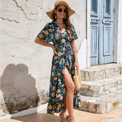 Wrap Style Summer Floral Dress With Ruffles