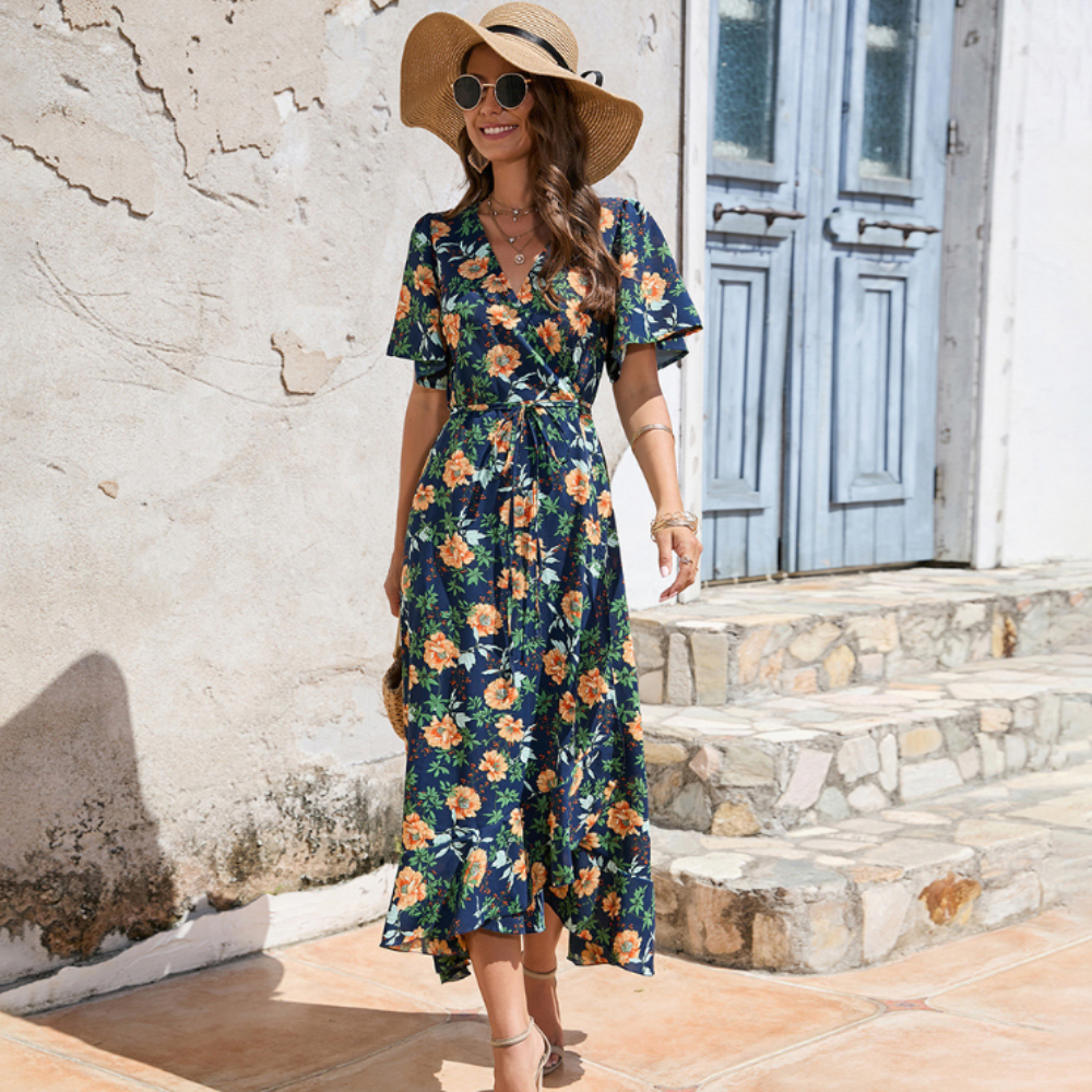 Wrap Style Summer Floral Dress With Ruffles