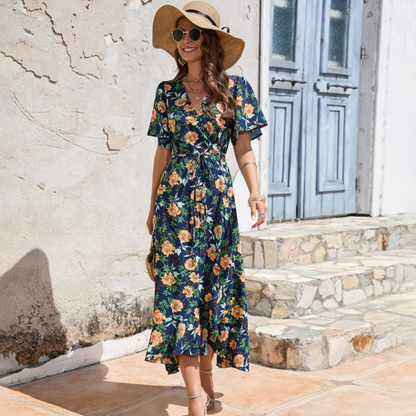 Wrap Style Summer Floral Dress With Ruffles