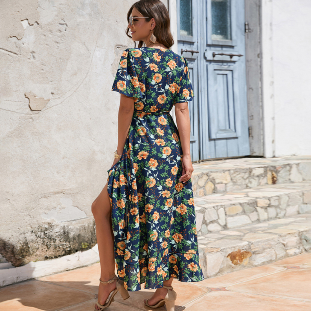 Wrap Style Summer Floral Dress With Ruffles