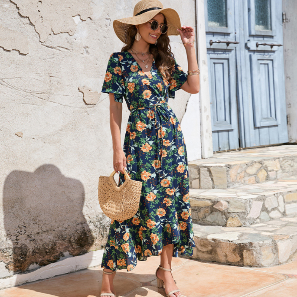 Wrap Style Summer Floral Dress With Ruffles