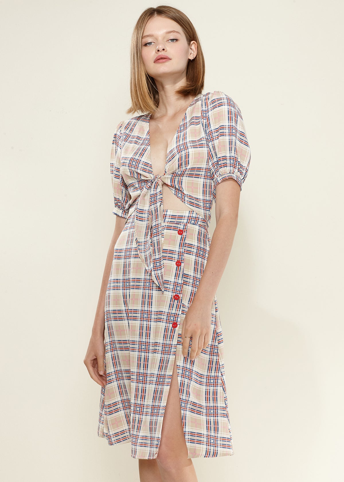 Multi Check Front Tie Hem Blouse