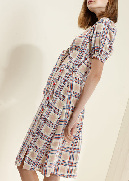 Multi Check Button Down Slit Skirt