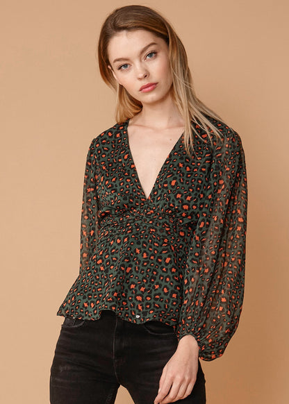 V-neck Puff Sleeve Blouse in Leopard