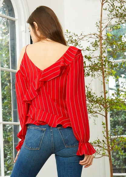 Asymmetrical Shoulder Ruffle Blouse in Red