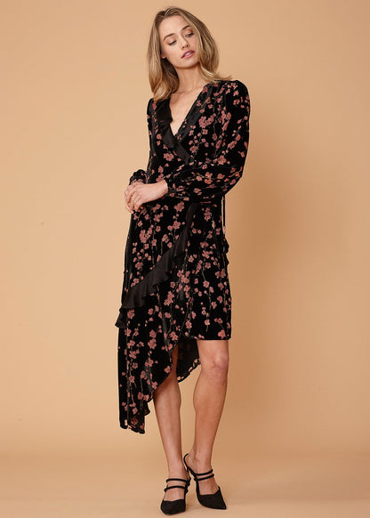 Velvet Asymmetric Wrap Dress in Falling Floral