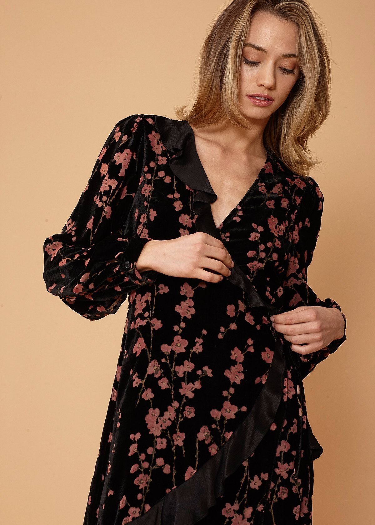 Velvet Asymmetric Wrap Dress in Falling Floral