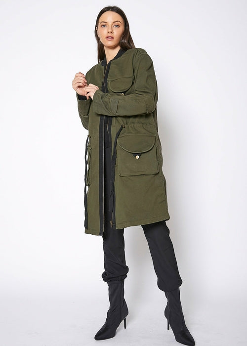 Zip Up Long Utility Jacket In Olive