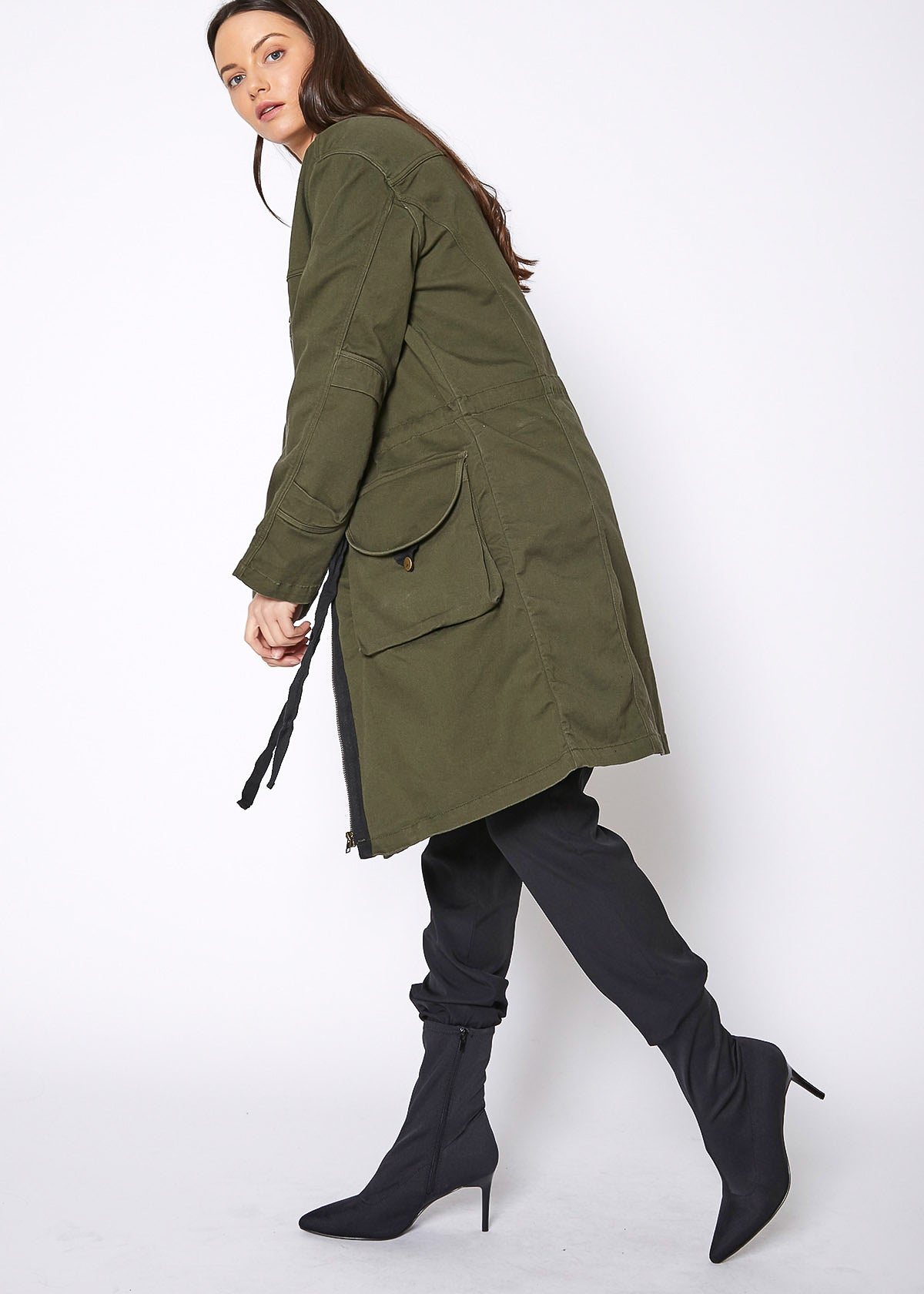 Zip Up Long Utility Jacket In Olive