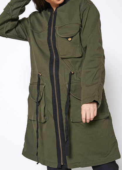 Zip Up Long Utility Jacket In Olive