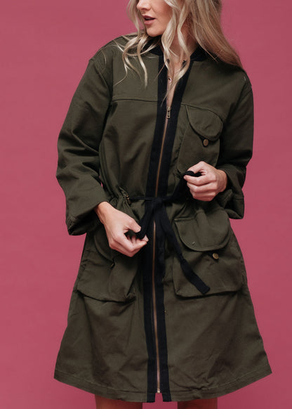 Zip Up Long Utility Jacket In Olive