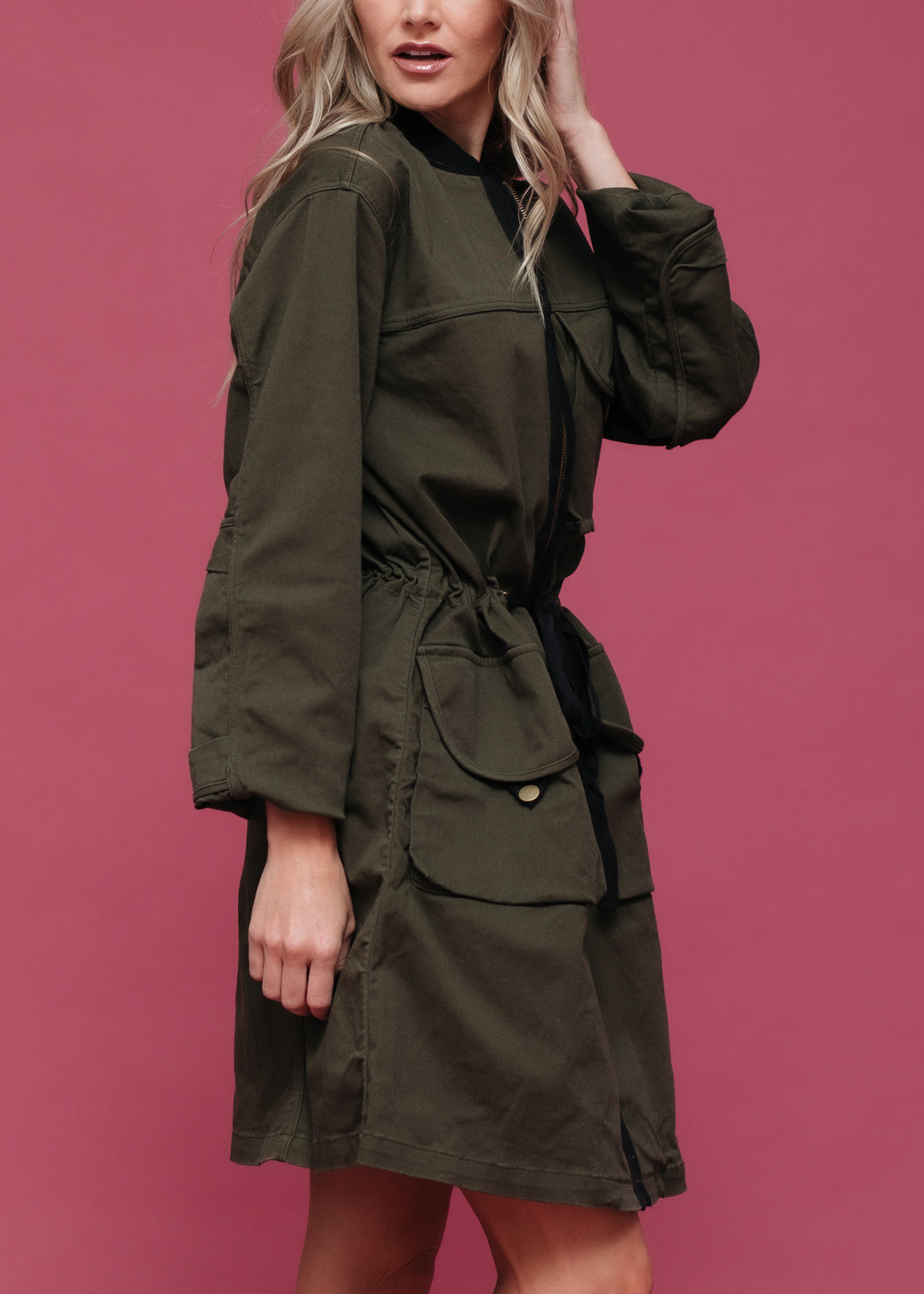 Zip Up Long Utility Jacket In Olive