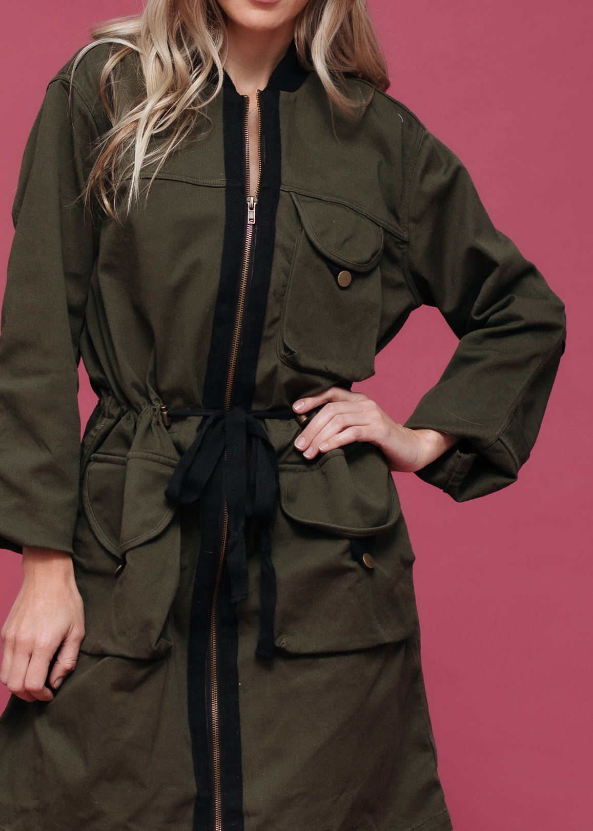 Zip Up Long Utility Jacket In Olive