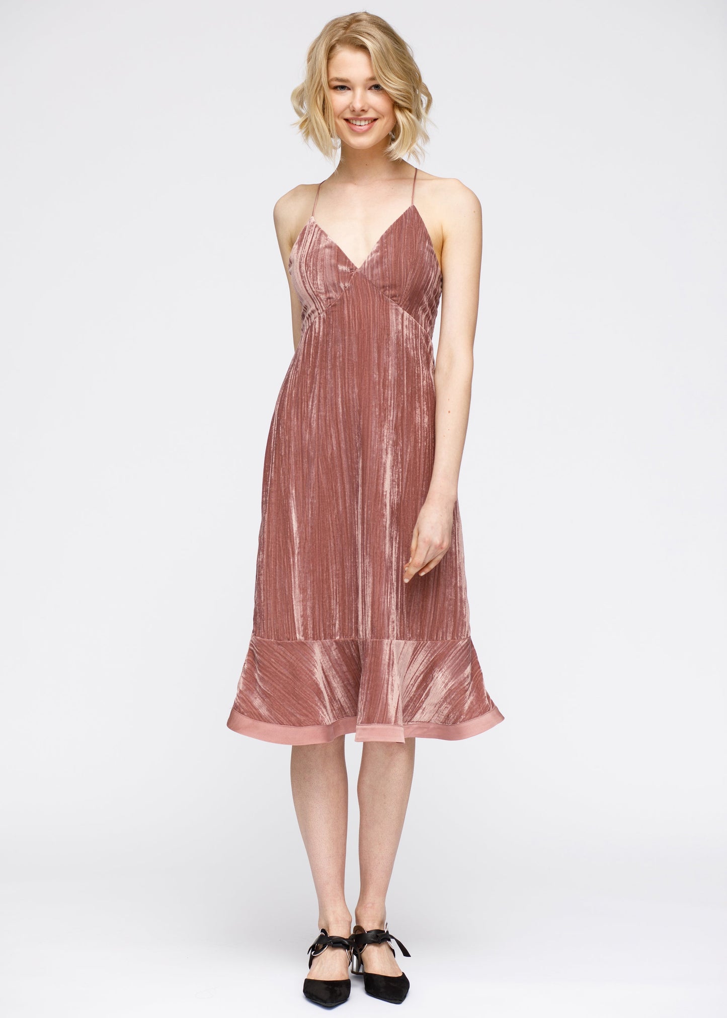 Velvet Spaghetti Strap Ruffle Hem Midi Dress In Rogue