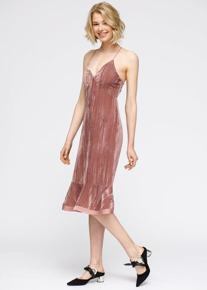 Velvet Spaghetti Strap Ruffle Hem Midi Dress In Rogue