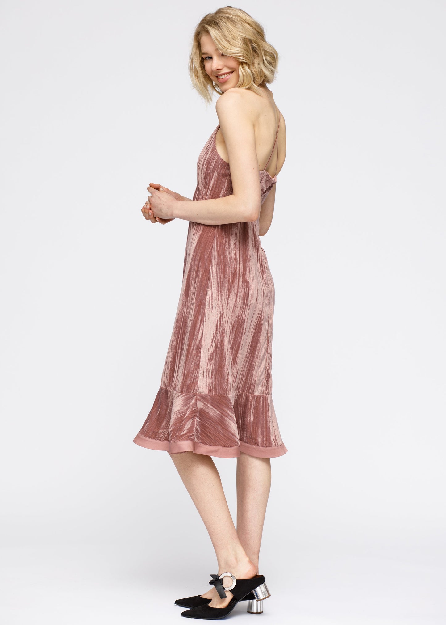 Velvet Spaghetti Strap Ruffle Hem Midi Dress In Rogue