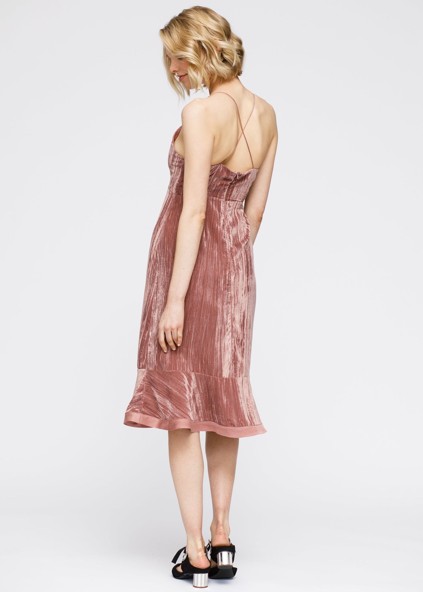 Velvet Spaghetti Strap Ruffle Hem Midi Dress In Rogue