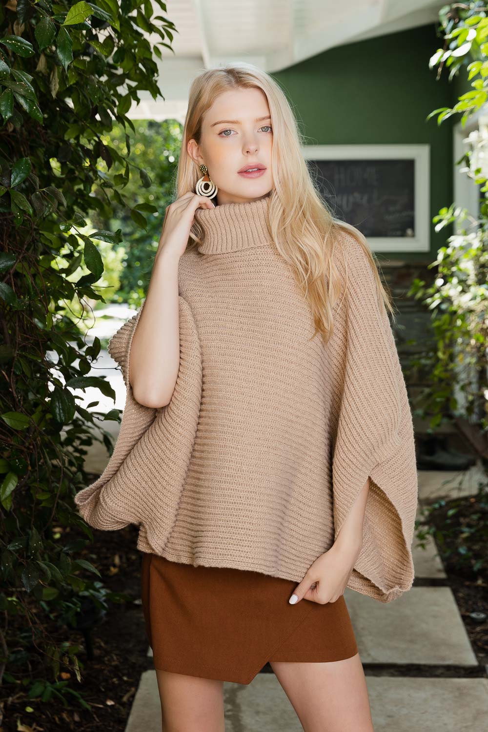 SnugStyle Turtleneck Ribbed Knit Poncho with Armholes