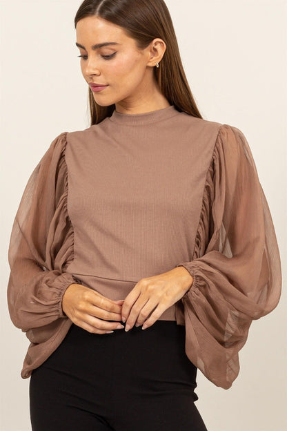 Sheer Sleeve Back Button Blouse