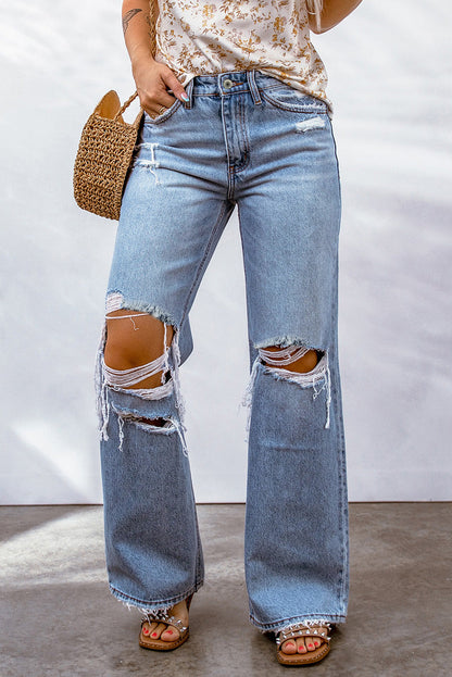 Sky Blue Destroyed Open Knee Wide Leg Jeans