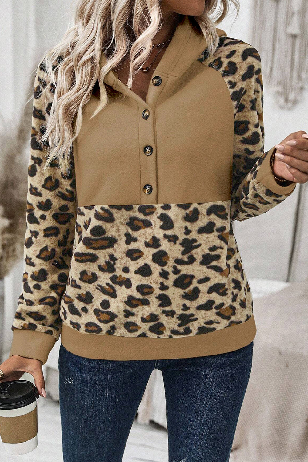 Light French Beige Leopard Print Patchwork Raglan Sleeve Half Buttons