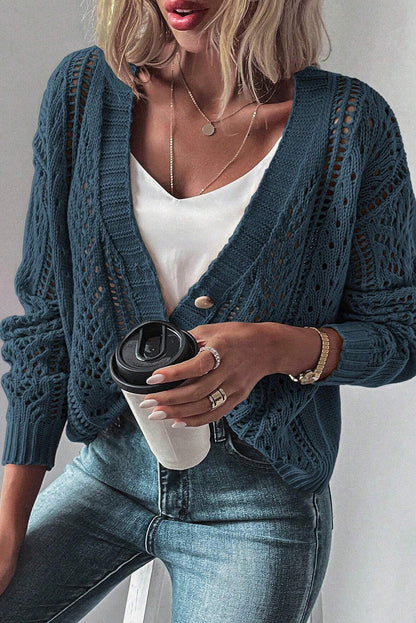 Dark Khaki Open Knit Drop Shoulder Sweater Cardigan